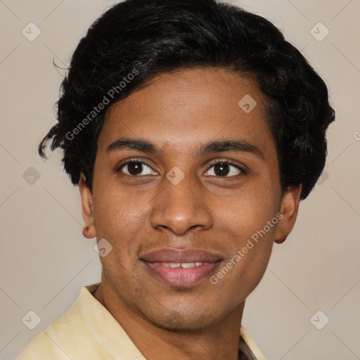 Joyful latino young-adult male with short  brown hair and brown eyes