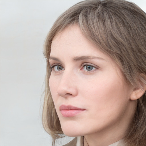 Neutral white young-adult female with medium  brown hair and grey eyes