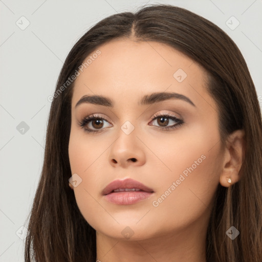 Neutral white young-adult female with long  brown hair and brown eyes