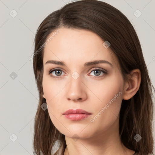 Neutral white young-adult female with long  brown hair and grey eyes