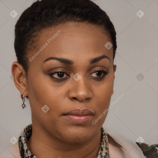 Neutral latino young-adult female with short  brown hair and brown eyes