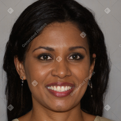 Joyful black young-adult female with medium  brown hair and brown eyes