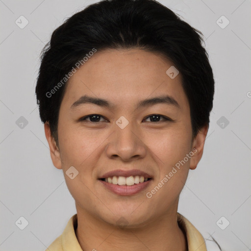 Joyful asian young-adult female with short  brown hair and brown eyes