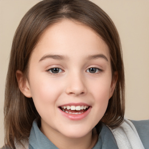 Joyful white child female with medium  brown hair and brown eyes