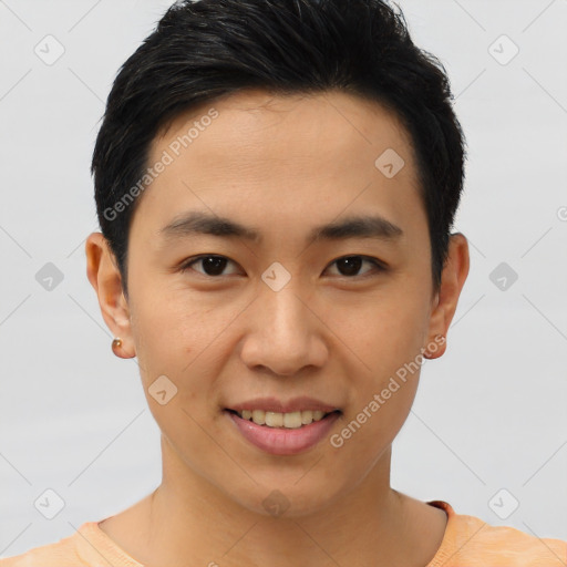 Joyful asian young-adult male with short  black hair and brown eyes