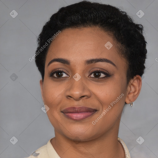 Joyful latino young-adult female with short  brown hair and brown eyes