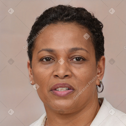 Joyful black adult female with short  brown hair and brown eyes