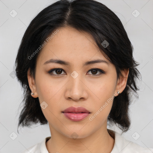 Neutral asian young-adult female with medium  black hair and brown eyes