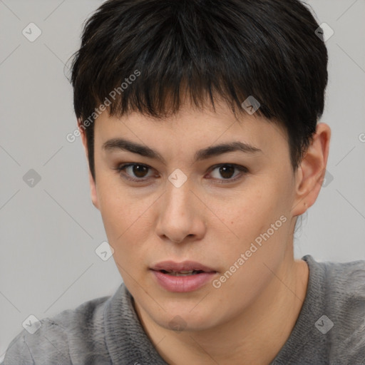 Neutral white young-adult female with short  brown hair and brown eyes