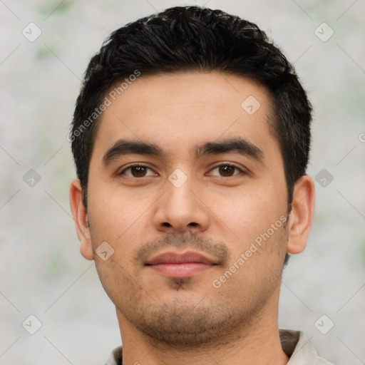 Neutral latino young-adult male with short  black hair and brown eyes