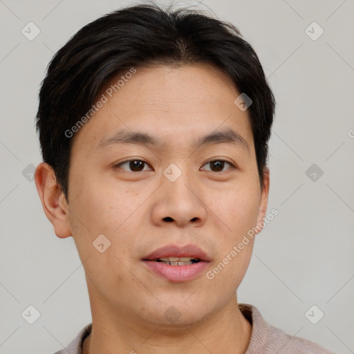 Neutral asian young-adult male with short  brown hair and brown eyes