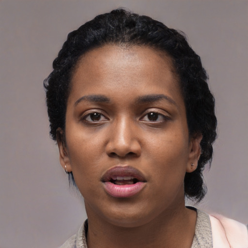 Joyful black young-adult female with short  black hair and brown eyes