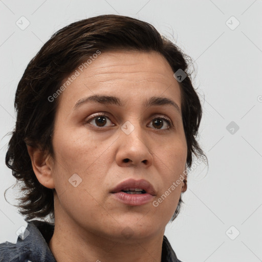 Neutral white adult female with medium  brown hair and brown eyes