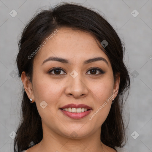 Joyful white young-adult female with medium  brown hair and brown eyes