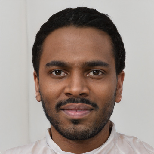 Neutral black young-adult male with short  black hair and brown eyes