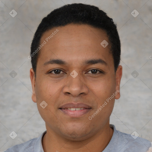 Joyful latino young-adult male with short  brown hair and brown eyes