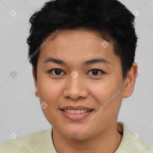 Joyful asian young-adult female with short  brown hair and brown eyes