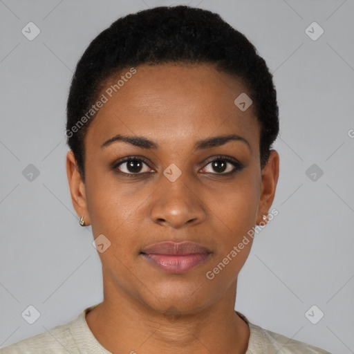 Neutral black young-adult female with short  black hair and brown eyes