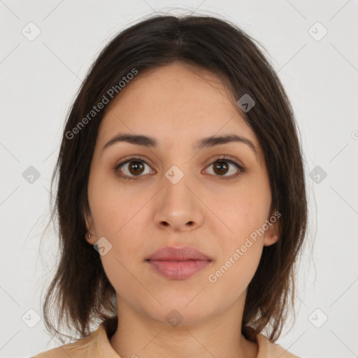 Neutral white young-adult female with medium  brown hair and brown eyes