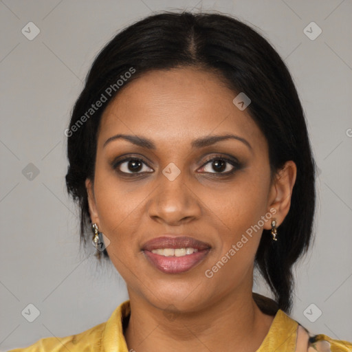 Joyful black young-adult female with medium  black hair and brown eyes
