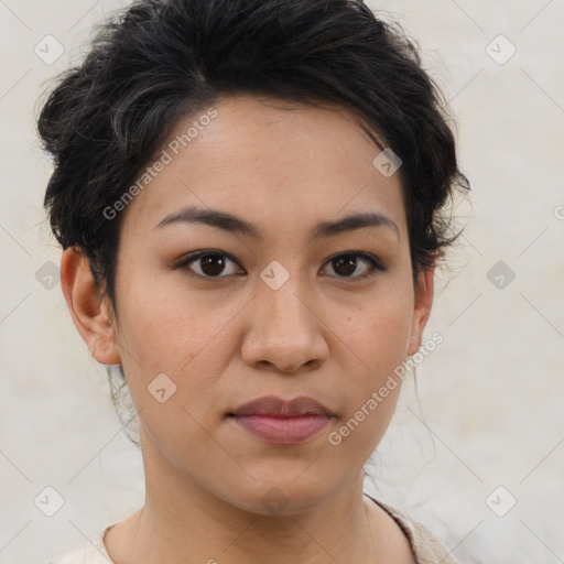 Joyful white young-adult female with medium  black hair and brown eyes