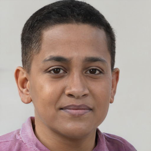Joyful latino young-adult male with short  brown hair and brown eyes