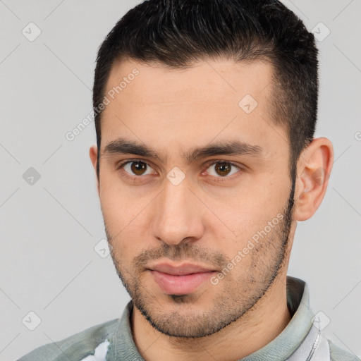 Neutral white young-adult male with short  brown hair and brown eyes