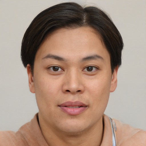 Neutral asian young-adult female with short  brown hair and brown eyes