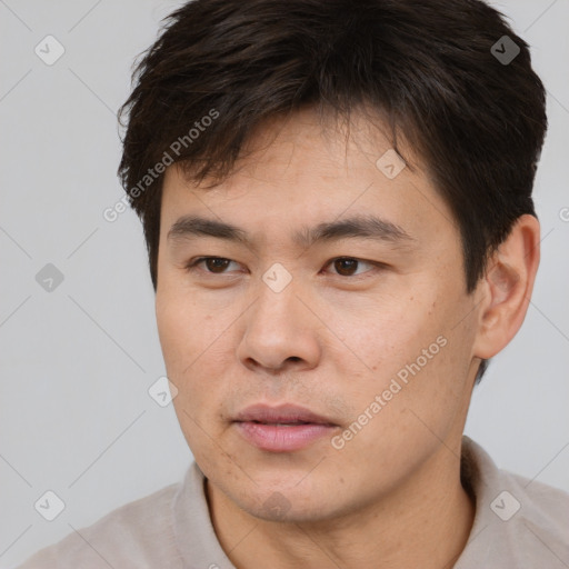 Neutral white young-adult male with short  brown hair and brown eyes