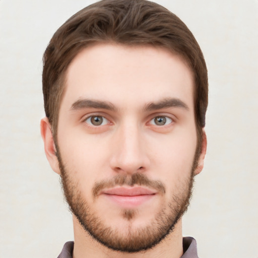 Neutral white young-adult male with short  brown hair and grey eyes