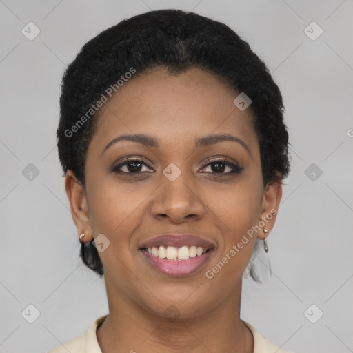 Joyful latino young-adult female with short  black hair and brown eyes