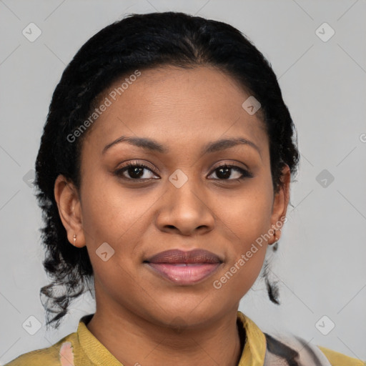 Joyful latino young-adult female with short  brown hair and brown eyes