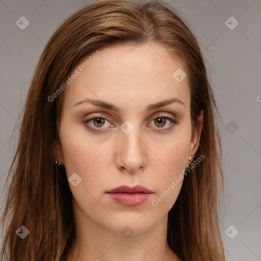 Neutral white young-adult female with long  brown hair and brown eyes