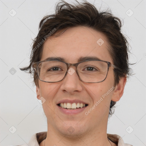 Joyful white adult female with short  brown hair and brown eyes