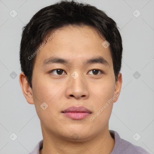 Neutral asian young-adult male with short  brown hair and brown eyes