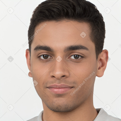 Neutral latino young-adult male with short  brown hair and brown eyes