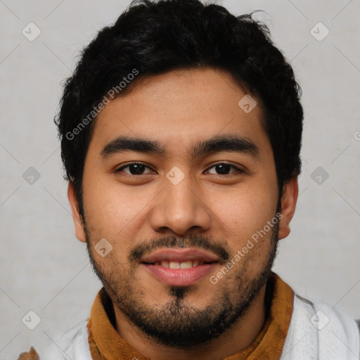 Joyful latino young-adult male with short  black hair and brown eyes