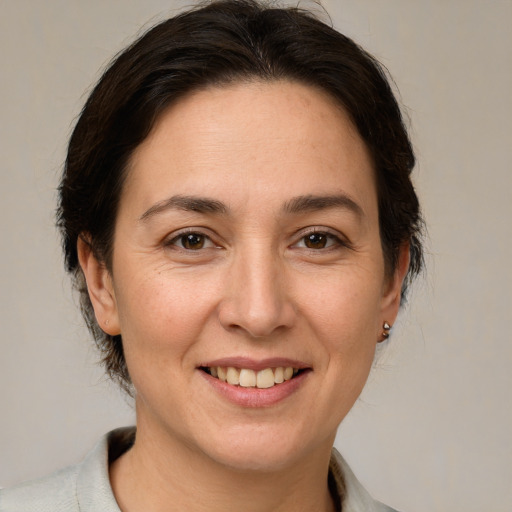 Joyful white adult female with medium  brown hair and brown eyes