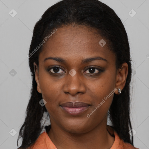 Joyful black young-adult female with medium  black hair and brown eyes