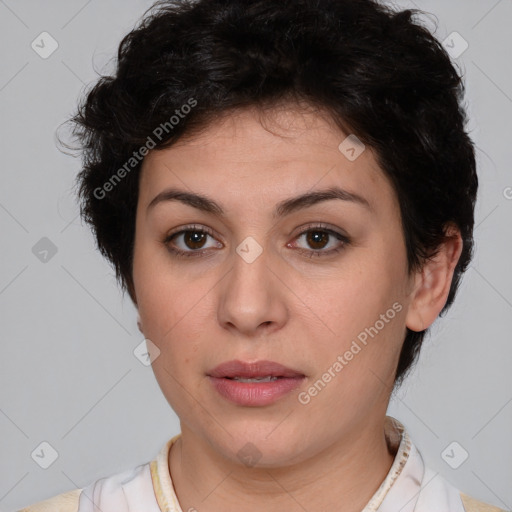 Neutral white young-adult female with medium  brown hair and brown eyes