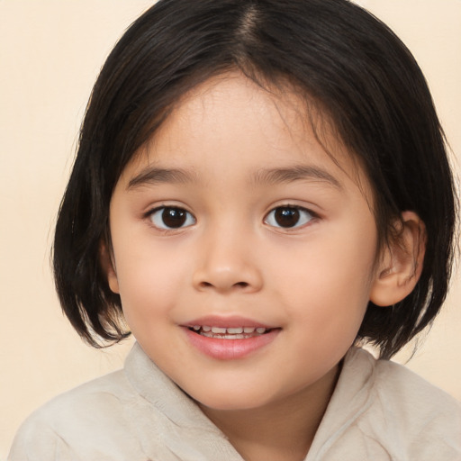 Joyful white child female with medium  brown hair and brown eyes