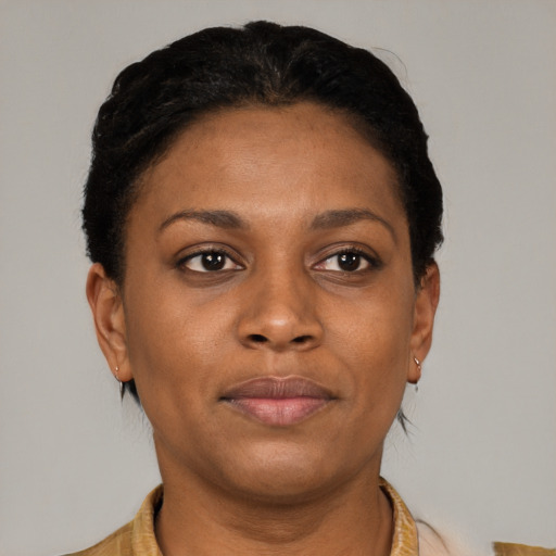 Neutral latino young-adult female with short  brown hair and brown eyes