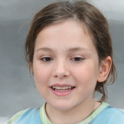 Joyful white child female with medium  brown hair and blue eyes