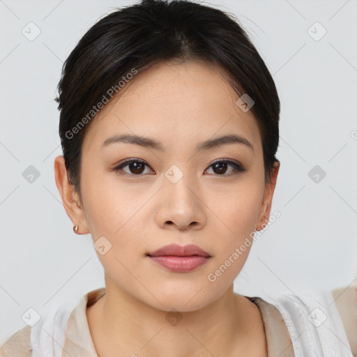 Neutral asian young-adult female with short  brown hair and brown eyes