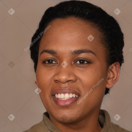 Joyful black young-adult female with short  black hair and brown eyes