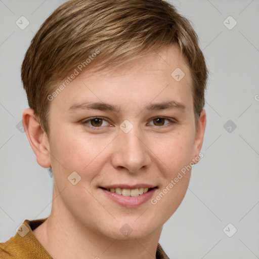 Joyful white young-adult female with short  brown hair and grey eyes