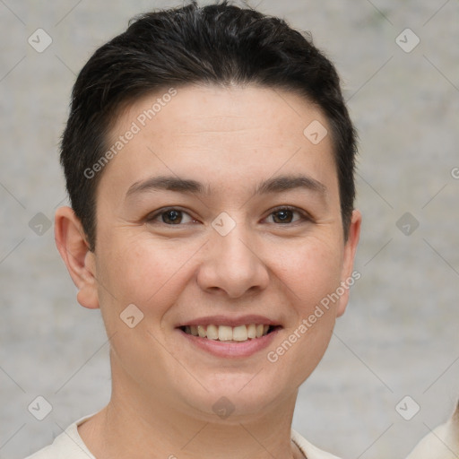 Joyful white young-adult female with short  brown hair and brown eyes