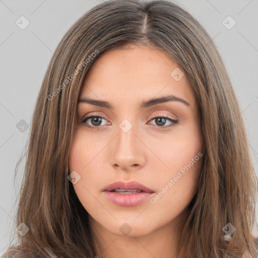 Neutral white young-adult female with long  brown hair and brown eyes