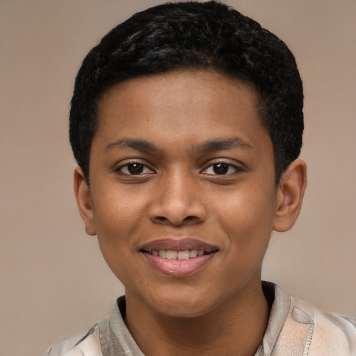 Joyful latino young-adult male with short  brown hair and brown eyes