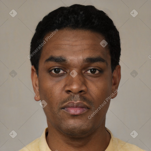 Neutral black young-adult male with short  black hair and brown eyes